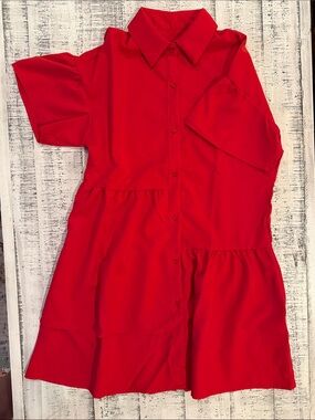 Bright Red Button-Front Tiered Dress